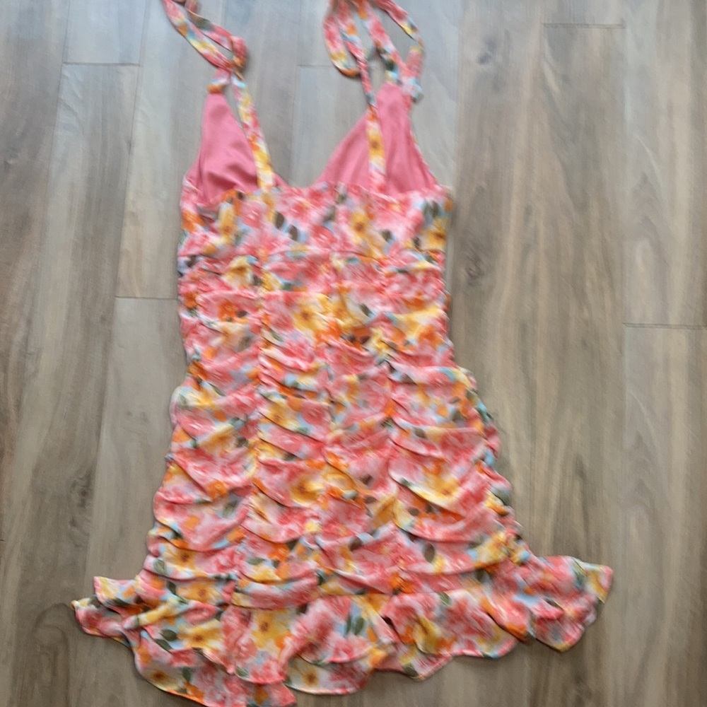 Lily Rose tie straps floral print rouched dress w ruffle S XL jrs - Picture 13 of 17